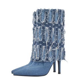 Moderne Hellblau Schlupfschuhe Mit 10 cm High Heels Stiefeletten Spitz Denim Frühjahr