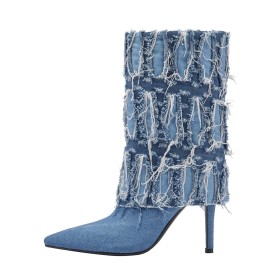 Moderne Hellblau Schlupfschuhe Mit 10 cm High Heels Stiefeletten Spitz Denim Frühjahr