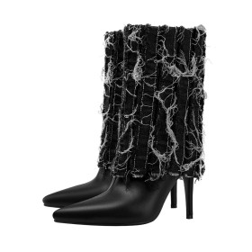 Bottines Talons Aiguilles Frange Habillées Noir A Talon Cuir Denim