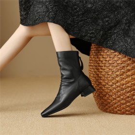 Classic Ankle Boots For Women Block Heels Leather Chunky Heel Comfortable Low Heels