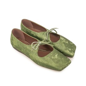 Satin Leather Casual Leather 2024 Square Toe Moccasin Green Flats Comfortable