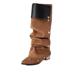 Flats Comfortable Slouch Knee High Boots Fur Lined Faux Leather Studded Stylish