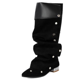 Confort Plate Boots Femme Fermeture Éclair Bout Pointu Simili Cuir Clouté Moderne Noir Bottes Haute