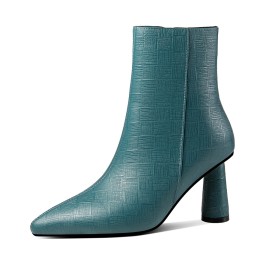 Pointed Toe Fur Lined Booties Turquoise Closed Toe Classic Chunky Heel