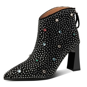 Botin Tacón Alto Elegantes Moda Tacon Ancho Gamuza Forradas De Pelo Tacón Cuadrado Piel Cremallera