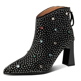 Festliche Schuhe Mode Kristall Blockabsatz Gefütterte Leder Stiefeletten 2023 Abendschuhe Schwarz Mit 8 cm High Heels