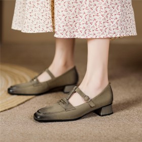 Buckle Classic Belt Buckle Mary Janes With Ankle Strap Natural Leather Vintage Low Heel Block Heel