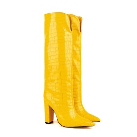 Spring Stiletto Heels Knee High Boot Pointed Toe Faux Leather Block Heel Going Out Footwear Riding Boot Classic High Heels Crocodile Printed