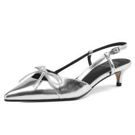 Slingbacks Silver Comfort Pointed Toe Stilettos Leather Belt Buckle Bowknot 4 cm Low Heel Kitten Heel Elegant Dress Shoes Womens Sandals