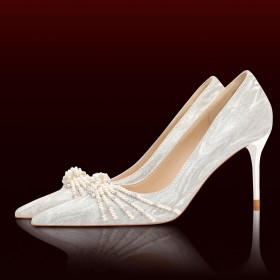 Pointed Toe 3 inch High Heel Closed Toe Fashion Glitter With Pearl Sparkly Elegant Silver Wedding Shoes