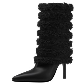 Black 4 inch High Heeled Faux Leather Booties For Women Fashion Denim Fluffy Pointed Toe