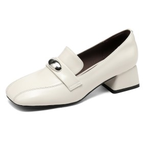 Leather Block Heels 2 inch Low Heel Chunky Heel White Loafers Classic Vintage Business Casual
