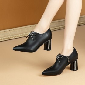 Grained Going Out Shoes With Bow Black With Rhinestones Thick Heel Shooties Mid High Heeled Block Heels