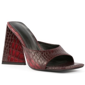 Vintage 4 inch High Heel Sandals For Women Thick Heel Block Heels Peep Toe Mules Modern Burgundy Faux Leather Snake Printed