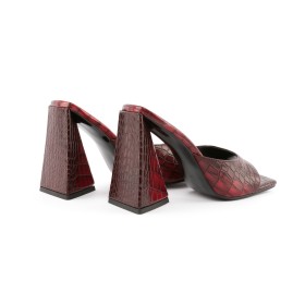 Peeptoe Mode Mules Vintage Kunstleder Bordeaux High Heels Mit Blockabsatz Sandaletten