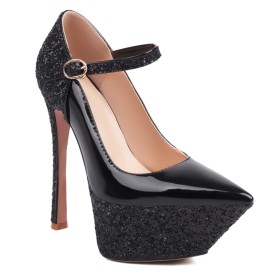 Highheel Gesp Glitter Plateau Mode Stilettos Kleurblok Lak Enkelbandje Imitatieleer Zwarte Pumps Feest Schoenen Dames