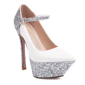 Evening Shoes Pumps Pointed Toe With Ankle Strap Sparkly Stiletto Heels Formal Dress Shoes Elegant 6 inch High Heeled White Platform