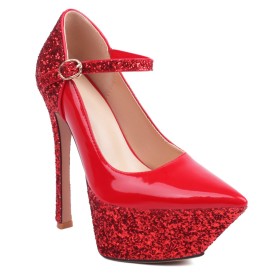 Sequin Sparkly 6 inch High Heeled Party Shoes Faux Leather Dress Shoes Pumps Womens Shoes Patent Leather Belt Buckle Platform Pointed Toe Closed Toe Red Beautiful With Ankle Strap