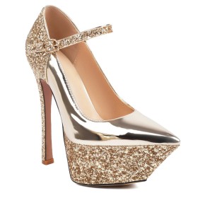 Ankle Strap Elegant Patent Stilettos Belt Buckle Pumps Sparkly Gold Glitter Dress Shoes High Heel Faux Leather