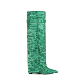 Embossed Fur Lined Green 2023 With Buckle Patent Knee High Boots For Women Faux Leather Wedge Fold Over Crocodile Print High Heel Tall Boot Riding