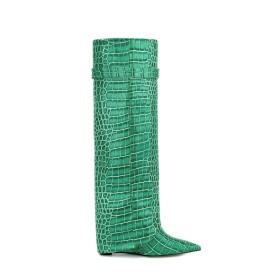 Vernis Moderne Bottes Haute Femme Bottes Hauteur Genoux A Talon 10 cm À Boucle Verte Imprimé Crocodile D Équitation Compensée