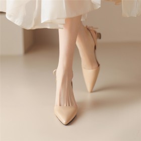 Nude Sandalen Strik Naaldhakken Met 5 cm Lage Hak Formele Leer Mode Gesloten Neus Business Casual