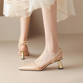 Nude Sandalen Strik Naaldhakken Met 5 cm Lage Hak Formele Leer Mode Gesloten Neus Business Casual