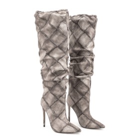 With Color Block Fashion Beige Stilettos Slouch Knee High Boots For Women 5 inch High Heel Denim
