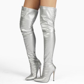 High Heels Crocodile Print Classic Silver Thigh High Boot Fur Lined Tall Boots Stilettos Faux Leather Embossed