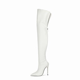 White Stilettos Thigh High Boots Crocodile Printed Classic Faux Leather 5 inch High Heeled Tall Boots