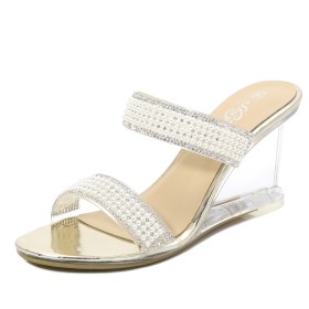 Elegante Festliche Schuhe Goldene Peeptoe Schlupfschuh Perlen Mit Perle Keilabsatz High Heel Mode Durchsichtige Sandalen Damen