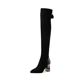 Elegant Tall Boot Block Heel 8 cm High Heel Snake Print Knee High Boots For Women Chunky Stretchy Suede Fashion Leather Faux Leather Fur Lined With Crystal Black Pointed Toe Casual Comfort