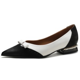 Low Heel Slip On Color Block Loafers Suede Thick Heel Cute Leather Block Heel Pearls Bowknot