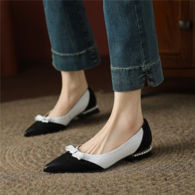 Low Heel Slip On Color Block Loafers Suede Thick Heel Cute Leather Block Heel Pearls Bowknot