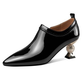 Patent Leather With Rhinestones Shooties Chunky 6 cm Heeled Leather Pointed Toe Dress Shoes