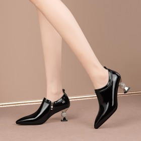 Patent Leather With Rhinestones Shooties Chunky 6 cm Heeled Leather Pointed Toe Dress Shoes