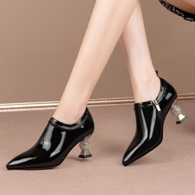 Patent Leather With Rhinestones Shooties Chunky 6 cm Heeled Leather Pointed Toe Dress Shoes