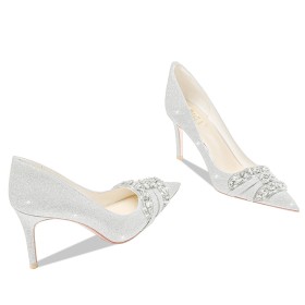 Elegante Spitz Festliche Schuhe Pfennigabsatz Geschlossene Zehe Silber Schuhe Damen Pumps 8 cm High Heel Brautschuhe Mode