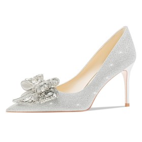 Sparkly Bridal Shoes Party Shoes Silver Bowknot Glitter 3 inch High Heeled Stiletto Heels With Rhinestones 2023 Beautiful Pumps With Metal Jewelry Gorgeous Formal Dress Shoes