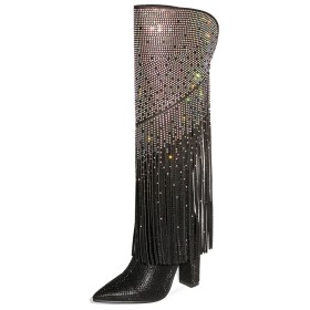 Sparkly Knee High Boot For Women Black Fringe Faux Leather 4 inch High Heel Block Heels Sequin Chunky Tall Boots