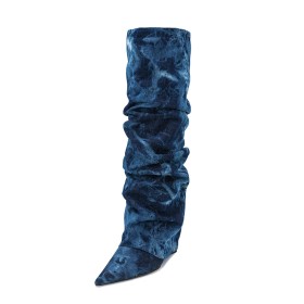 Comfortable Wedges Slouch Fold Over High Heel Knee High Boots Dark Navy Blue Tall Boot Fashion
