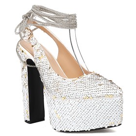 Dressy Shoes 6 inch High Heeled Ankle Lace Up White Party Shoes Sparkly Chunky Heel With Rhinestones Platform Belt Buckle Slingback Pointed Toe Block Heels Glitter