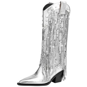 Tall Boots Block Heel Faux Leather Dancing Shoes Fashion Silver Pearl 7 cm Heeled Glitter Spring Chunky Heel Sparkly Fringe Knee High Boot