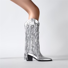 Tall Boots Block Heel Faux Leather Dancing Shoes Fashion Silver Pearl 7 cm Heeled Glitter Spring Chunky Heel Sparkly Fringe Knee High Boot