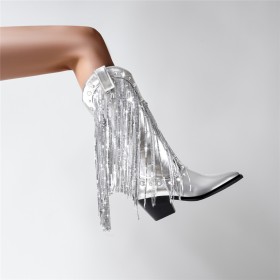 Tall Boots Block Heel Faux Leather Dancing Shoes Fashion Silver Pearl 7 cm Heeled Glitter Spring Chunky Heel Sparkly Fringe Knee High Boot