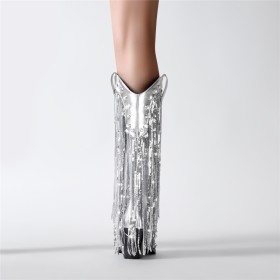 Tall Boots Block Heel Faux Leather Dancing Shoes Fashion Silver Pearl 7 cm Heeled Glitter Spring Chunky Heel Sparkly Fringe Knee High Boot