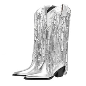 Tall Boots Block Heel Faux Leather Dancing Shoes Fashion Silver Pearl 7 cm Heeled Glitter Spring Chunky Heel Sparkly Fringe Knee High Boot