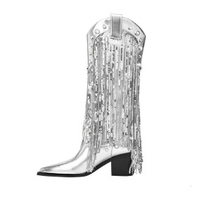 Tall Boots Block Heel Faux Leather Dancing Shoes Fashion Silver Pearl 7 cm Heeled Glitter Spring Chunky Heel Sparkly Fringe Knee High Boot