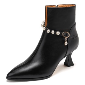 Elegant Going Out Footwear Pearls Booties Mid Heels Closed Toe Business Casual Leather