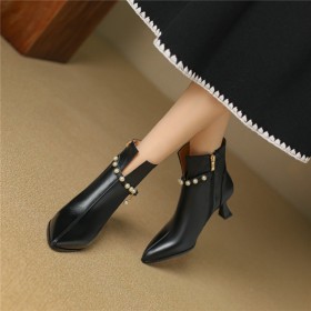 Elegant Going Out Footwear Pearls Booties Mid Heels Closed Toe Business Casual Leather